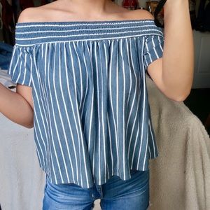 American Eagle blue and white off the shoulder top